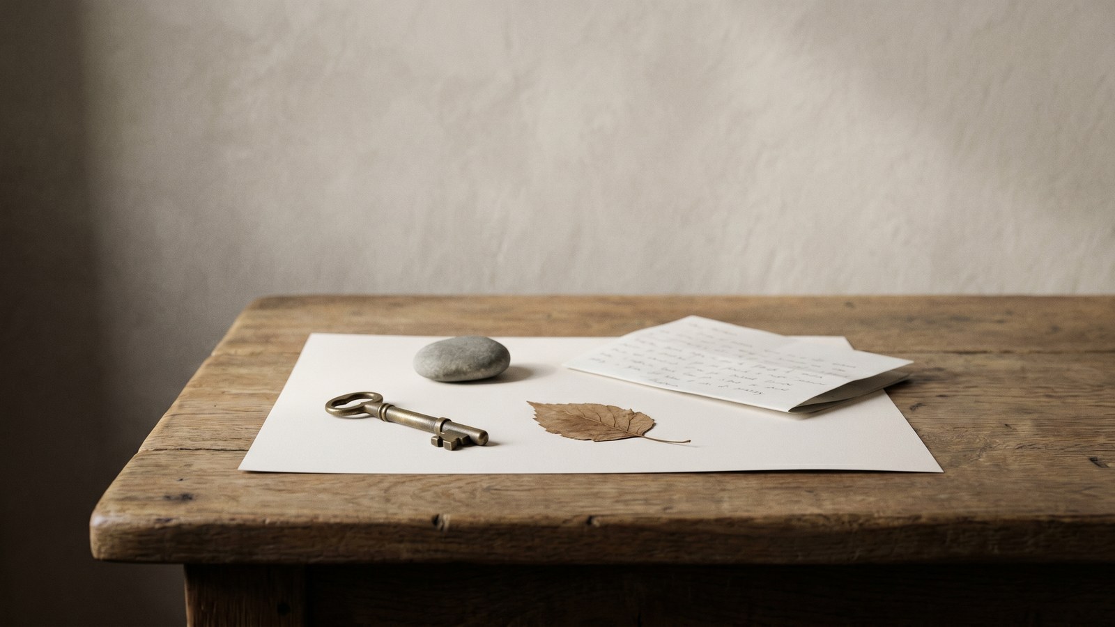 A few cherished objects arranged with quiet care on a sheet of warm paper atop aged oak: an unlacquered brass key, a smooth river stone, a pressed leaf, and a folded handwritten note kept face-down, lit by soft morning light against a lime-plaster wall.