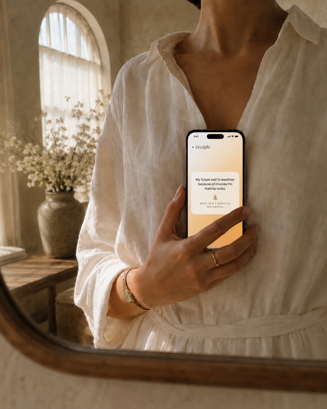 Someone practising in Mirror mode — holding their phone to their chest, the affirmation reflected back in the mirror.
